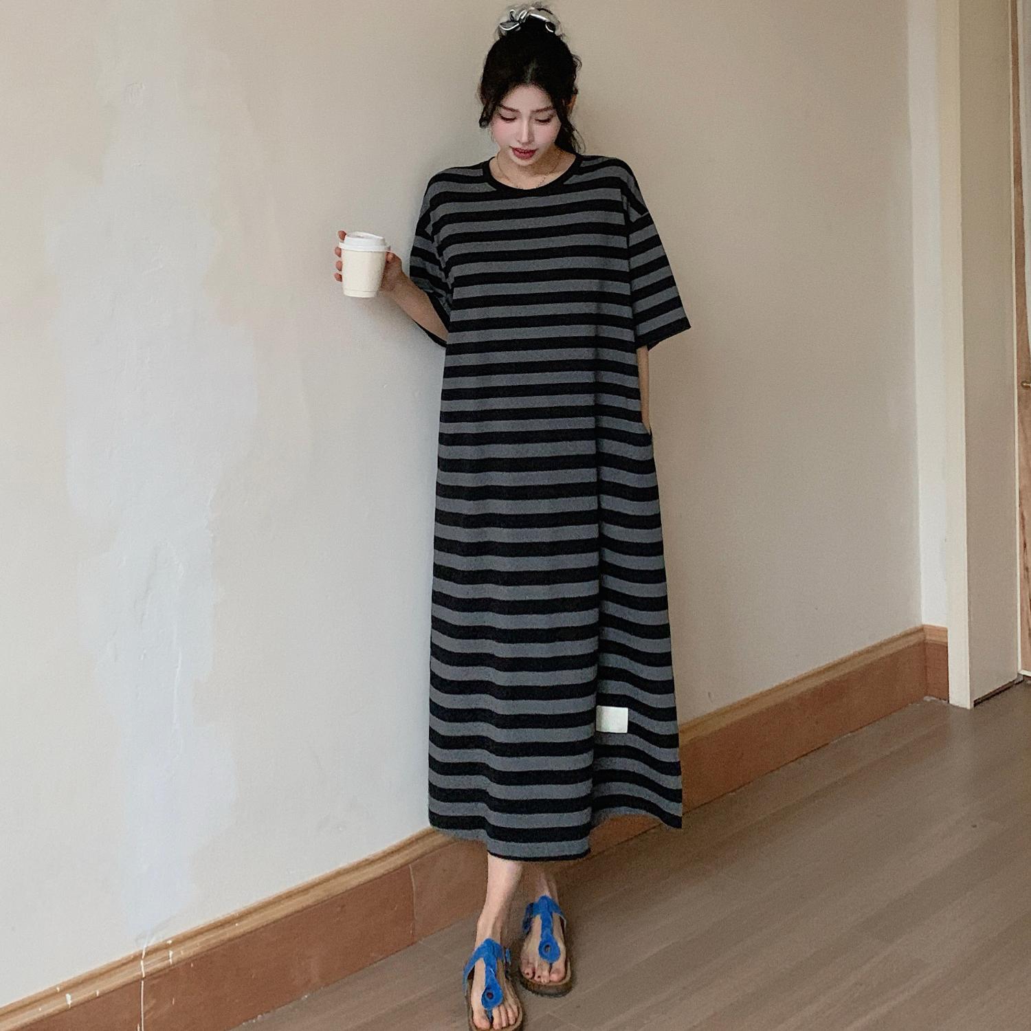 

DIMANAF 2025 Летнее платье больших размеров для женщин Повседневное винтажное хлопковое платье Базовое свободное полосатое длинное платье 3XL серый