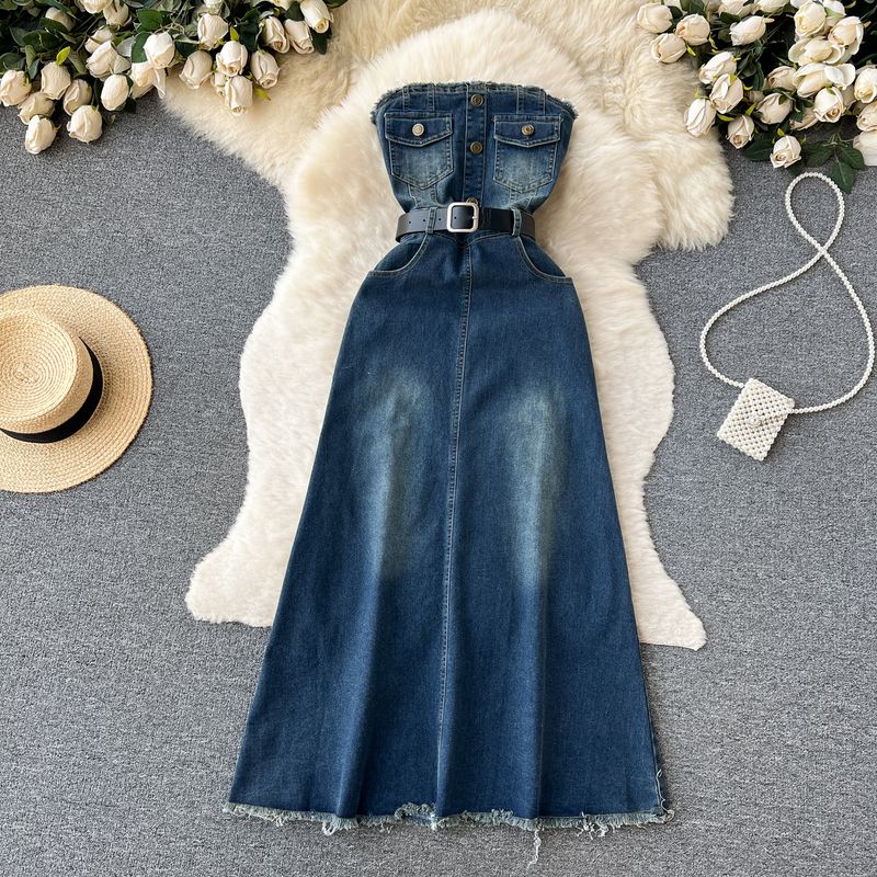 

Retro Style Denim Dress Fringed Burr Tube Top Blue L