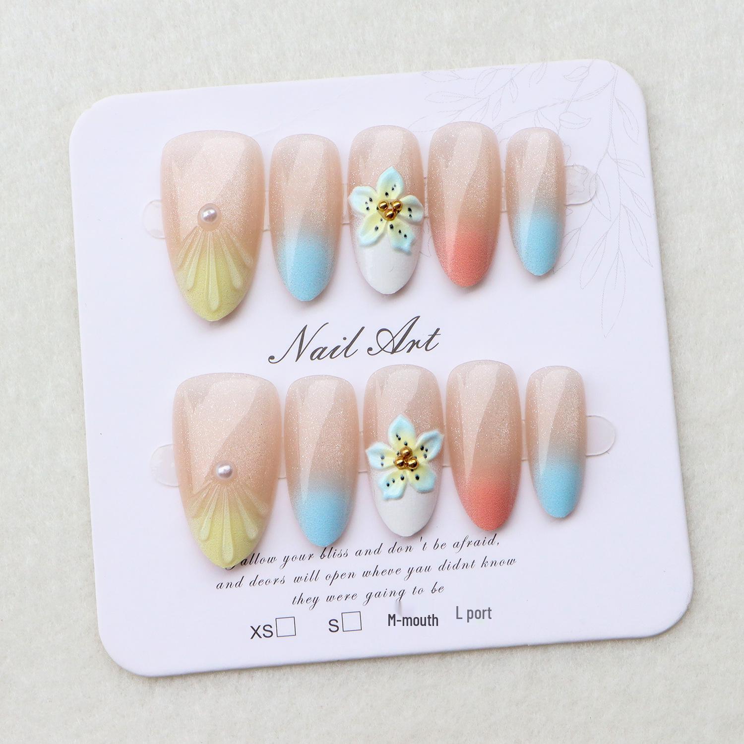 Gradient Blue 3D Floral Wearable Nails: Spring/Summer Cat Eye Whitening Manicure