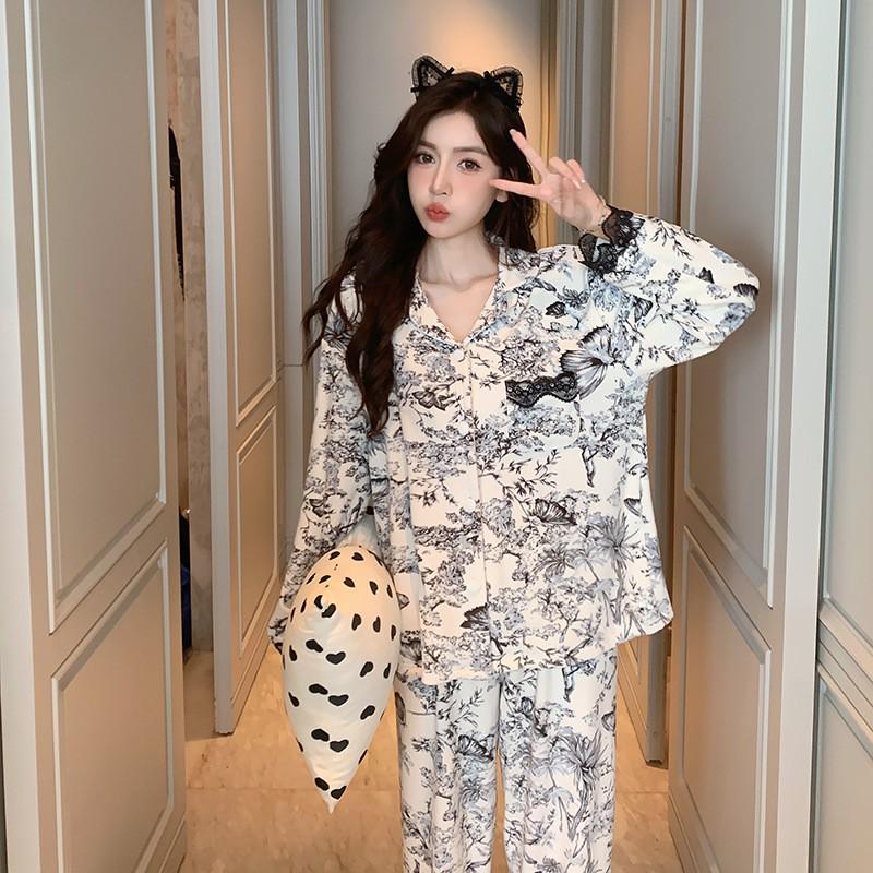 Women's Ink Wash Fleece Pajamas Set - Autumn/Winter, Medium-Thick, Plus Size, Chinese Style
