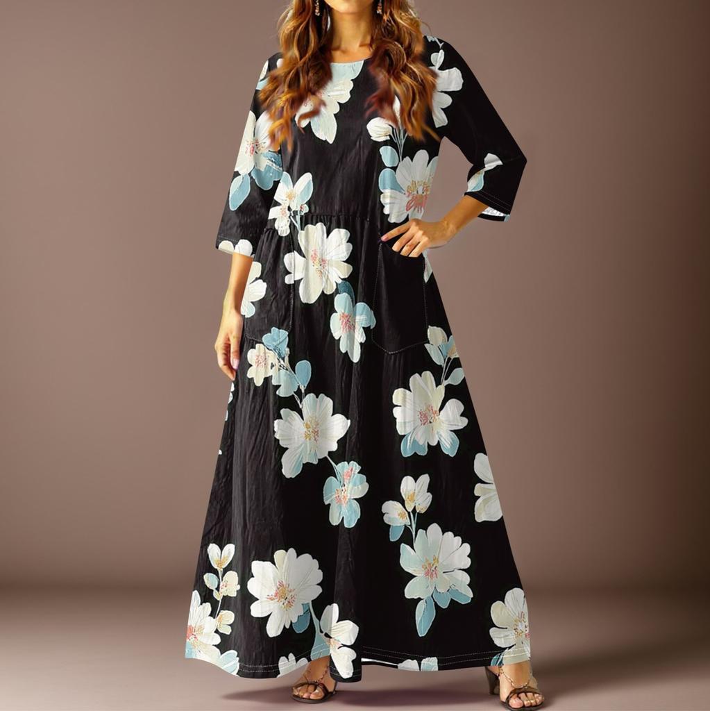Women's Casual Fashion Vintage Floral Print Three-quarter Sleeve Long Dress With Pockets