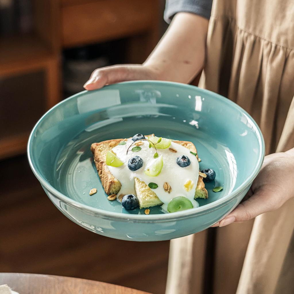 Big Bowl Retro Style Blue Ceramic Bowl Tableware Round Bowl Household Dish Bowl Fruit Salad Bowl Creative Soup Bowl