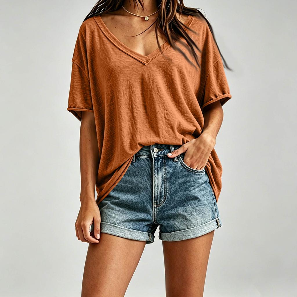 Women's Casual V Neck Loose Fit Plain Oversized Drop Shoulder Top Lightweight Soft Fabric Summer Tee Shirt for Everyday Wear