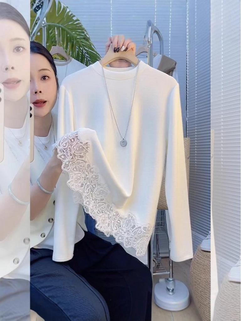 Elegant French Style Patchwork Lace Trim Thermal Top - Round Neck, Long Sleeve (2025 Autumn/Winter Collection)
