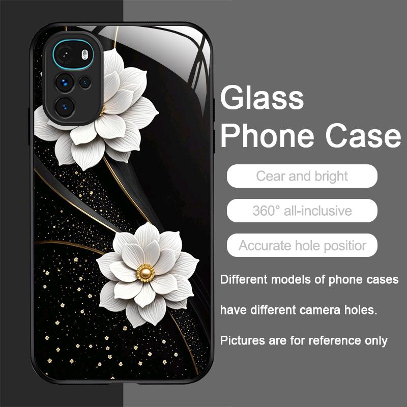 Vintage Floral Stylish Lotus Flower Tempered Glass Phone Case for Motorola Moto G85 G84 G75 Edge 50 Fusion 40 Neo 30 Pro Covers