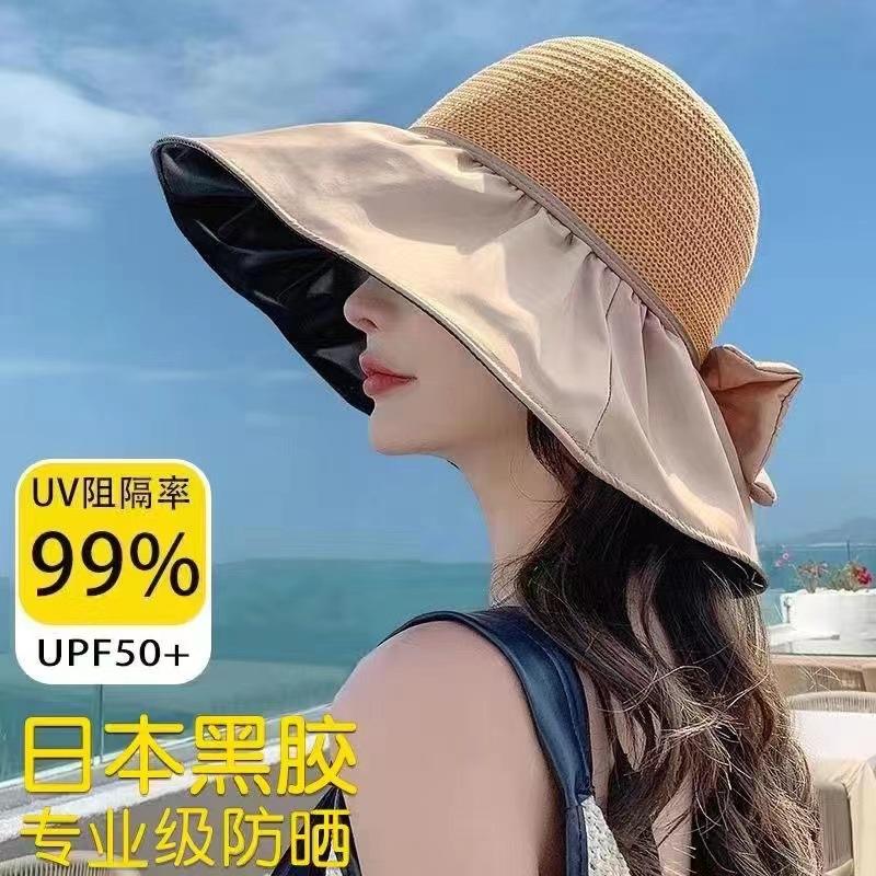 New summer versatile outdoor visor big brim bucket hat portable sunscreen sun hat bow women's hat