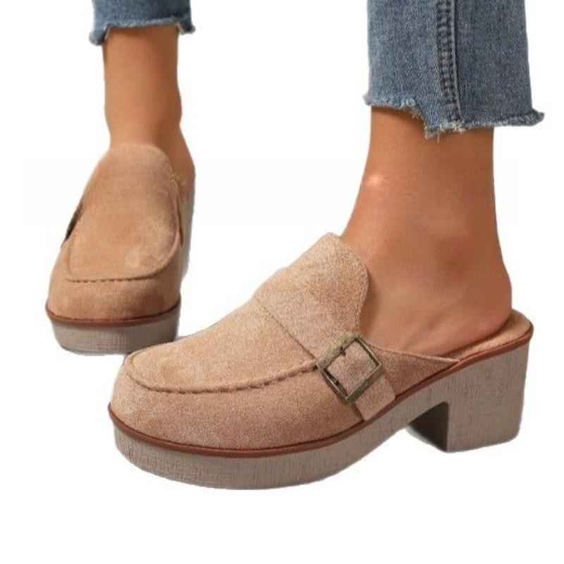 Women's Suede Square Toe Block Heel Mules, Thick Sole Casual Slip-On Shoes