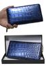 Bercute Navy Crocodile Long Wallet for Men and Women, Authentic Enamel, Shining Leather, Crocodile Leather, Round Zipper, Slim, Large Capacity,