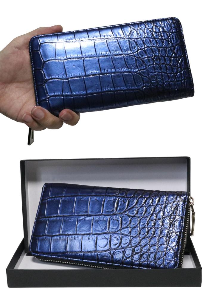 Bercute Navy Crocodile Long Wallet for Men and Women, Authentic Enamel, Shining Leather, Crocodile Leather, Round Zipper, Slim, Large Capacity,
