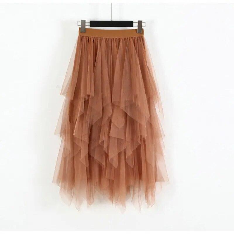 Elastic High Waist Long Tulle Skirt Women Irregular Hem Mesh Tutu Skirt