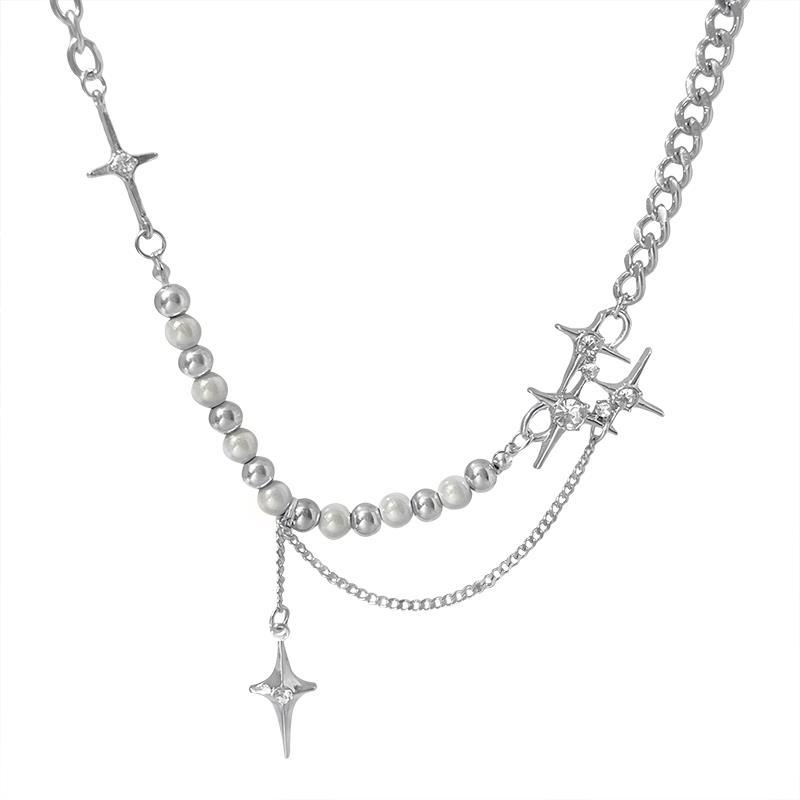 Collana con Perle Imitazione Stella Zircone Croce Stella Kpop Uomo Collane con Ciondolo Stella a Stella Y2K Hiphop Collana Choker con Stella e Frange Unisex