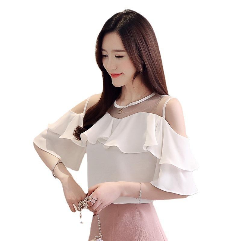Round Neck Solid Color Chiffon Shirt Summer New Three-quarter Sleeve Loose Top for Women