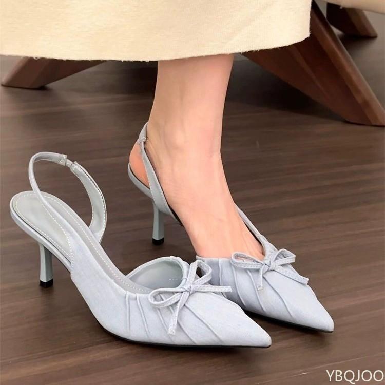 Fashion Luxury blue high-heel Sandals 2025 Summer Bow with Skirt Sandal French Fashion Baotou pumps Elegant back empty women's shoes