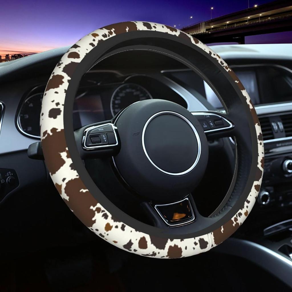 Brown Western Cow Print Steering Wheel Cover for Women Men with 2 Pcs Car Coasters, 15 Inches Neoprene Anti-Slip Cute Universal Car Accessories
