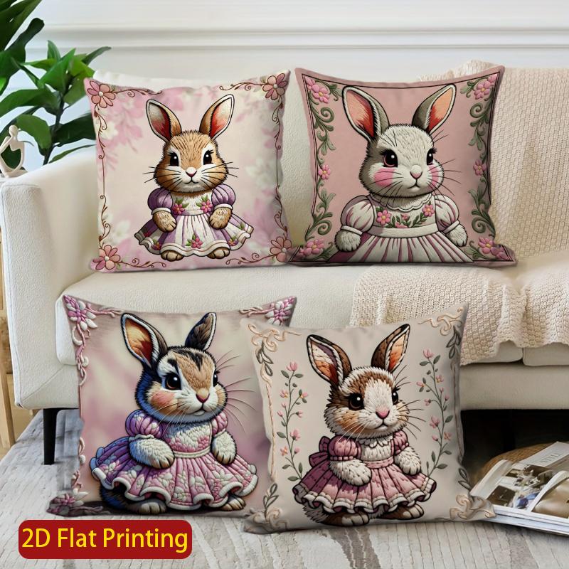 2D Cute Bunny Dressed In Flowers Pillow Covers Pattern Cushion Cover Suitable For Sofa Bedroom Car Pillow Cover