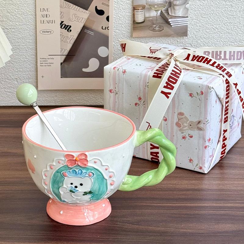 High-value underglaze color relief breakfast oat cup girls large-capacity ceramic mug birthday gift souvenir