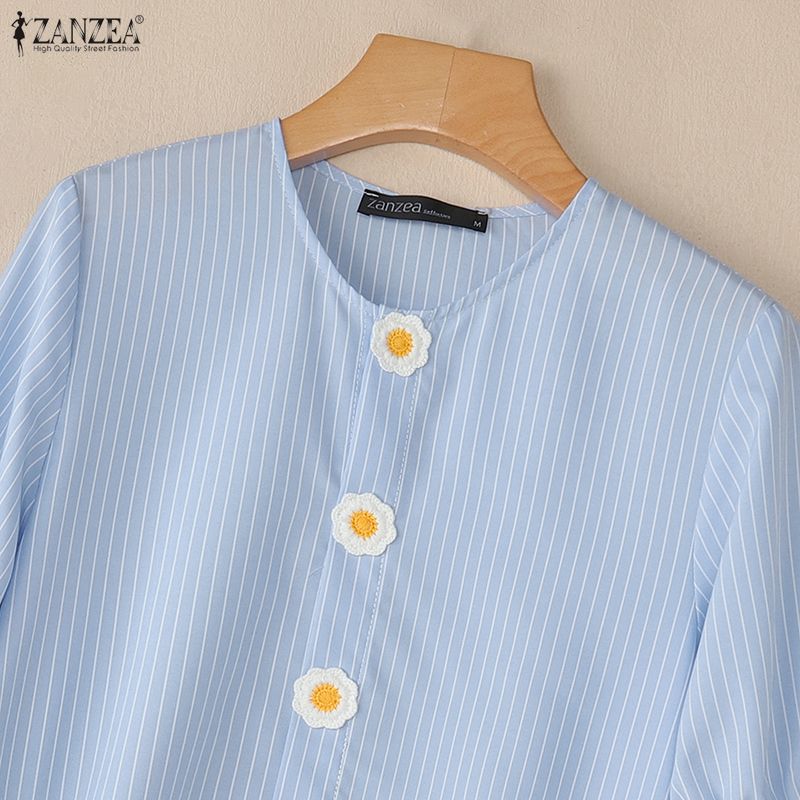 ZANZEA Dam Casual Rund Hals Lös Kortärmad Randig Blus