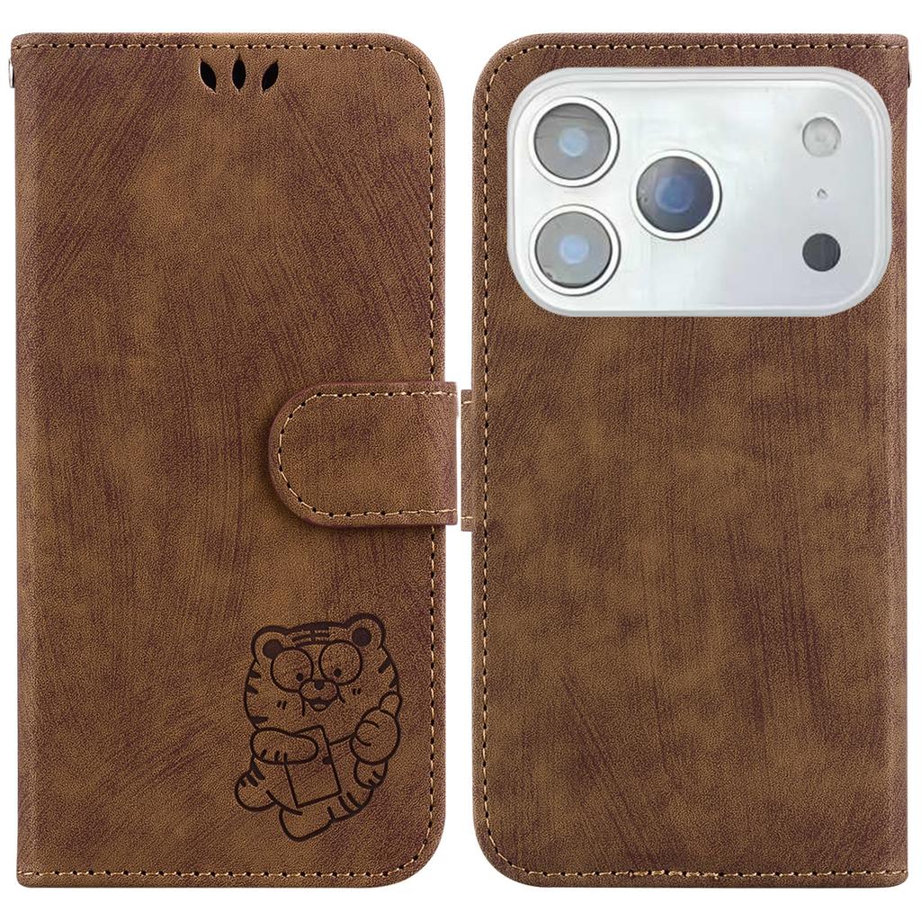 For iPhone 17 Pro Wallet Case Tiger Imprint Leather Shockproof Phone Cover with Wrist Strap