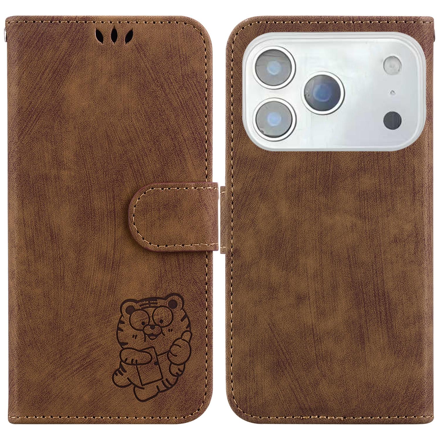

For iPhone 17 Pro Wallet Case Tiger Imprint Leather Shockproof Phone Cover with Wrist Strap Brown