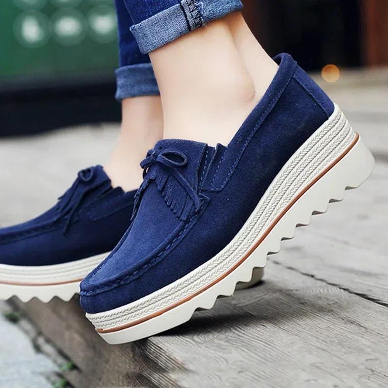Women Cow Suede Casual Shoe Wedge Platform Height Increasing Single Shoes Tassel Muffin Shake Loafers Mother Walking Shoes 35-42