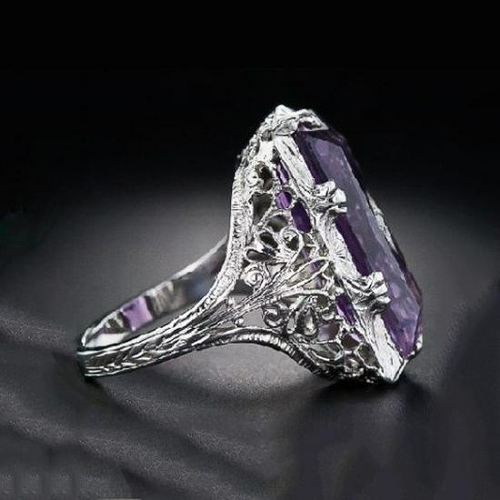 TrioWish Princess Ring: Rectangular Amethyst with Filigree Design