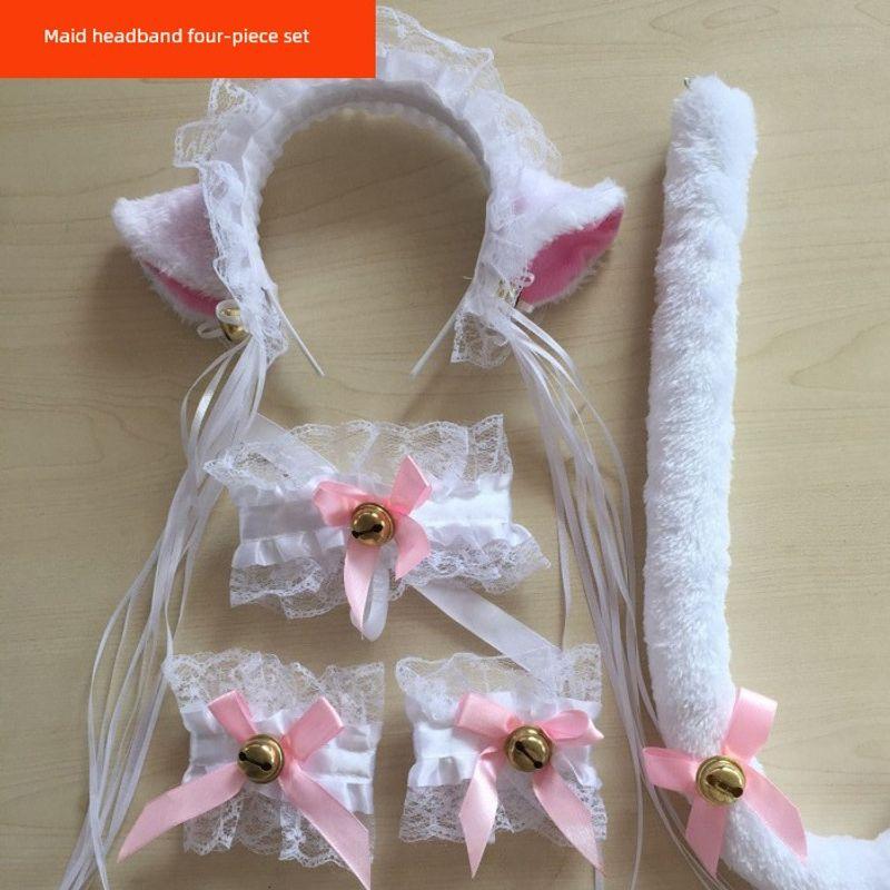 

Tail Props Cosplay Performance Cat s Paw Gloves Maid headband four-piece white One size