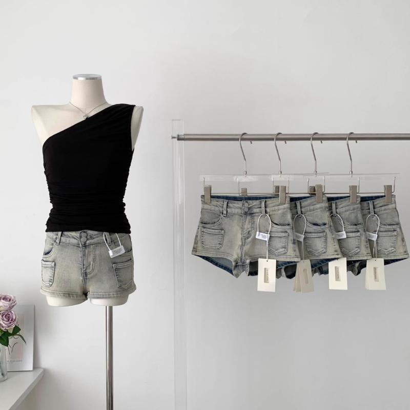 Hottie Low Rise Denim Shorts im koreanischen Stil für den Sommer, für Damen, Club-Style, alte Tasche, Baumwolle, Frühling, gerade, runde Hüft-Jeansshorts