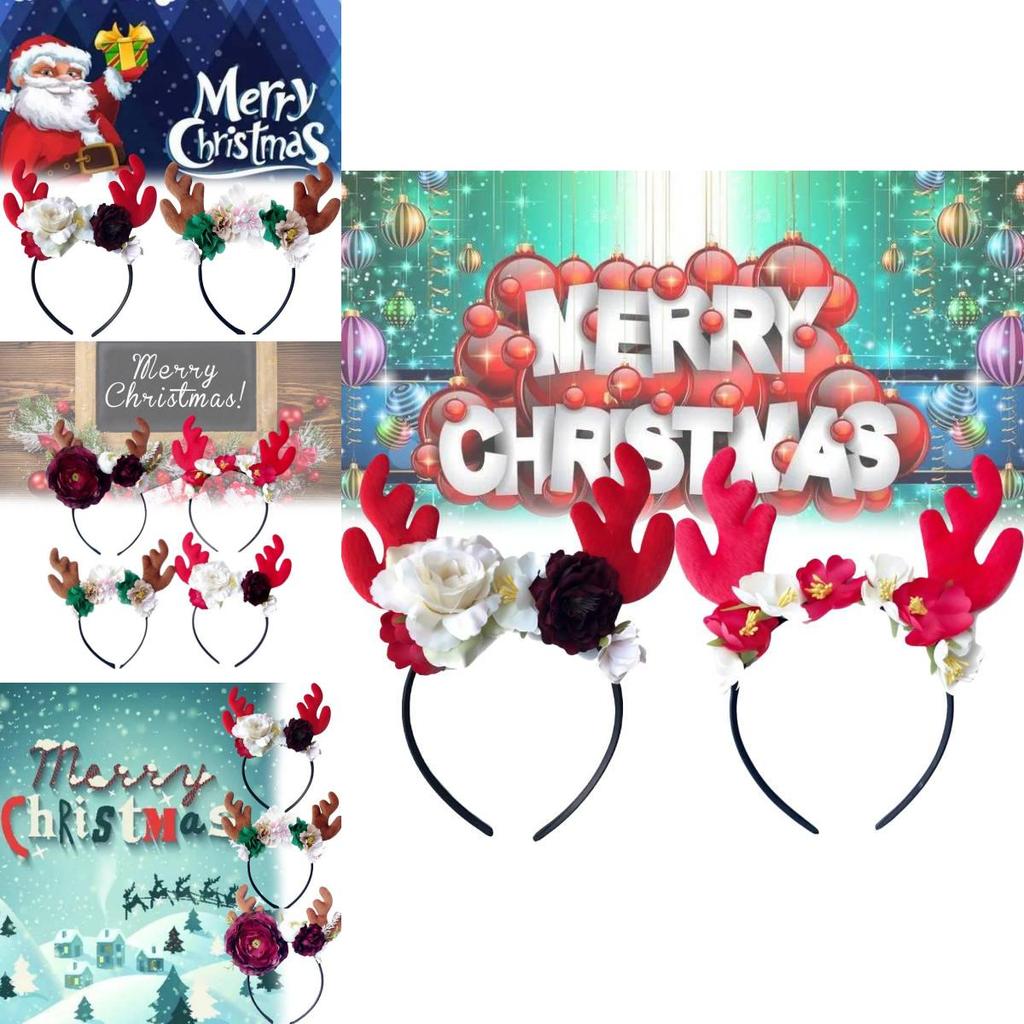 Festive Red Velvet Reindeer Antlers Headband With Floral Design For Girls