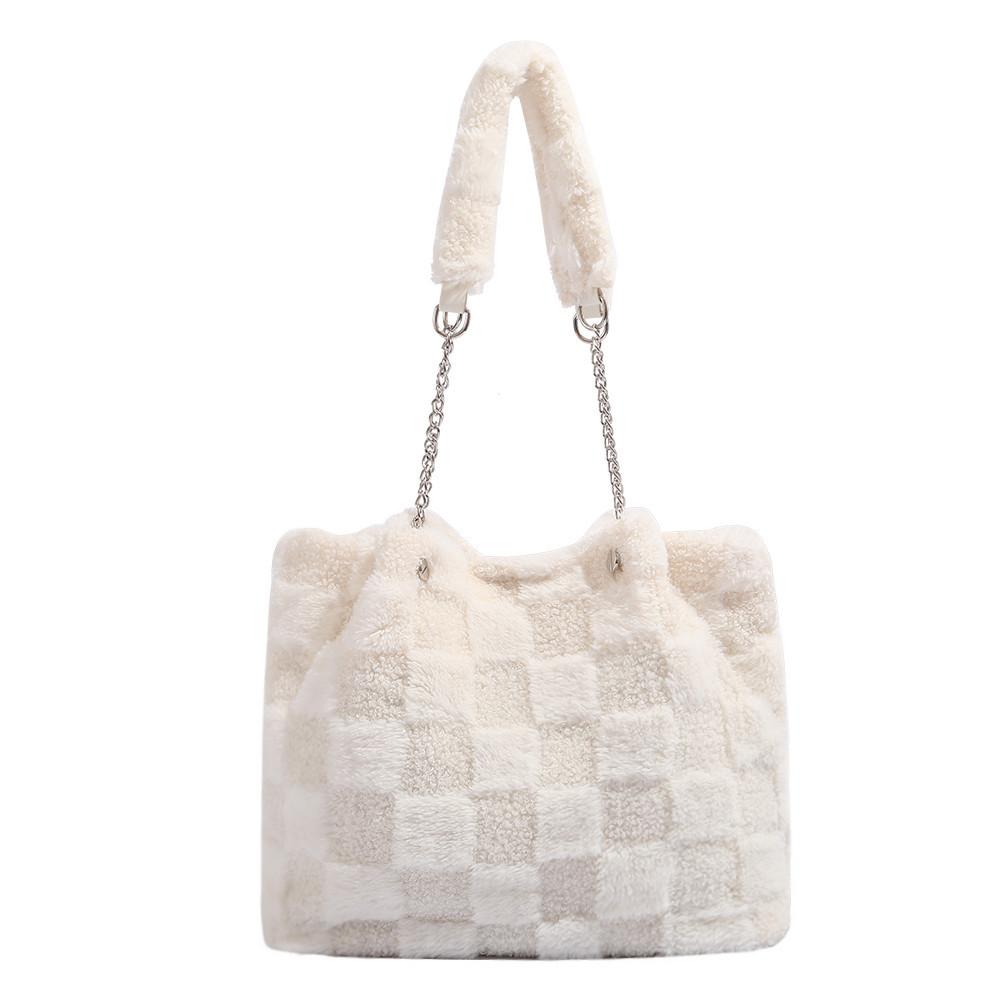 Autumn and Winter Trendy Plush Bag for Women 2024 New Large Capacity Tote Bag Color Block Plaid Shoulder Bag Commuter Bag