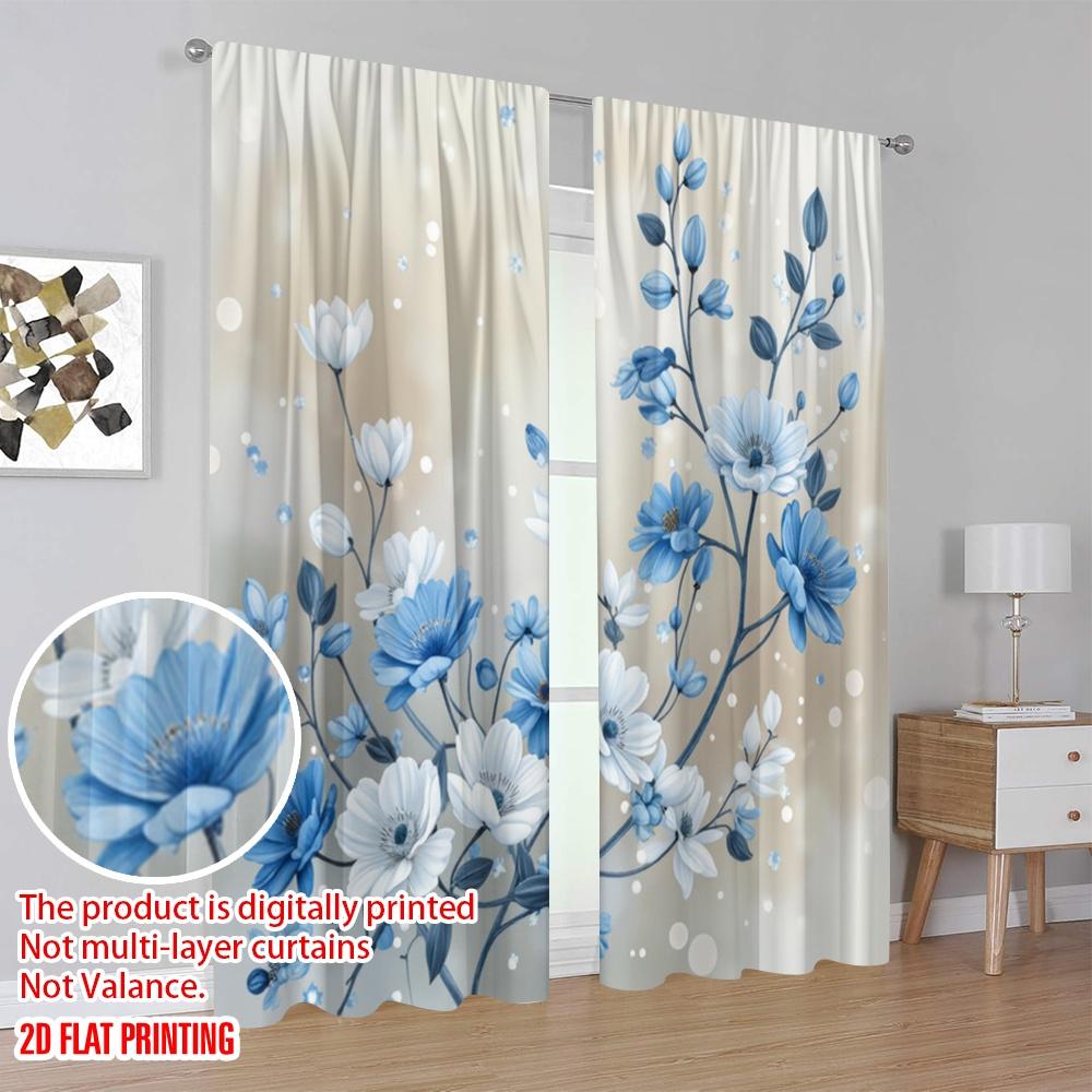 2 szt., Zasłony z nadrukiem wzoru 2D, Niebieski Kwiatowy Harmonia, Wszechstronne, 100% Poliester (bez pręta) Wszechstronny Wszystko Idealne dla