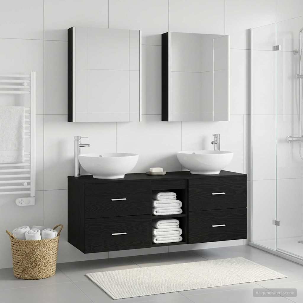 5 Piece Bathroom Furniture Set Black Oak Engineered Wood and Glass
