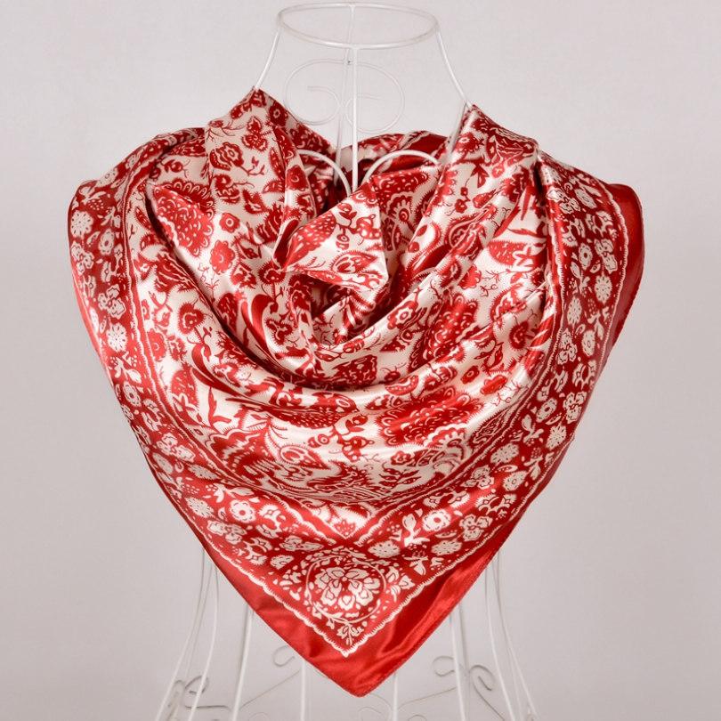 [BYSIFA] Navy Blue Chinese Roses Large Square Scarves New Female Elegant Large Silk Scarf Fashion Ladies Accessories 90*90cm