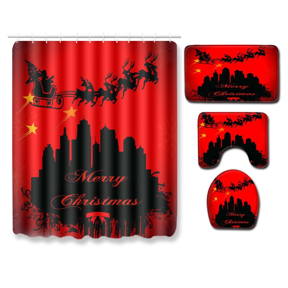 Christmas Four-Piece Shower Curtain Combination Floor Mat Set Bathroom Non-Slip Door Mat Absorbent Carpet