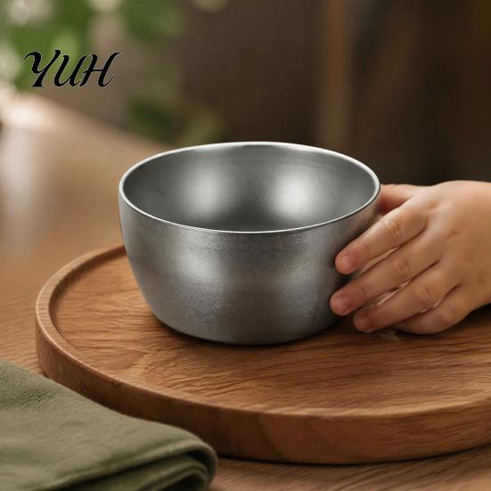 Rustic Style Metal Kitchenware Stainless Steel Cup/Bowl, Industrial Matte Container, Smooth Arc Bowl And Cup Set Shatterproof Non-slip Base Tableware