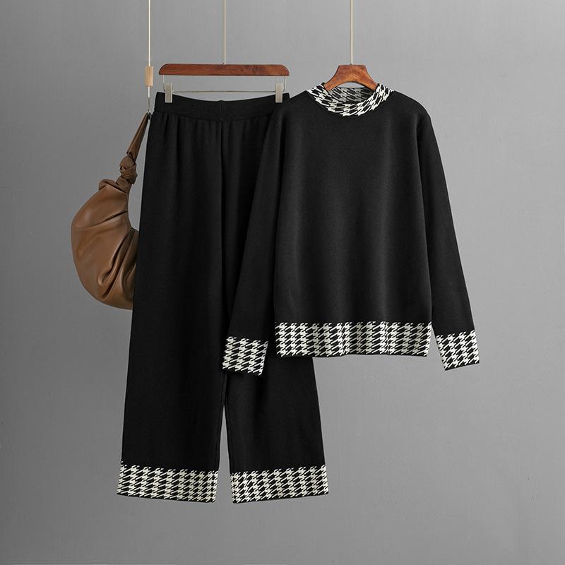 

Модный вязаный костюм в гусиную лапку, женский осенне-зимний новый свободный пуловер, свитер, комплект из двух предметов one size fits all чёрный