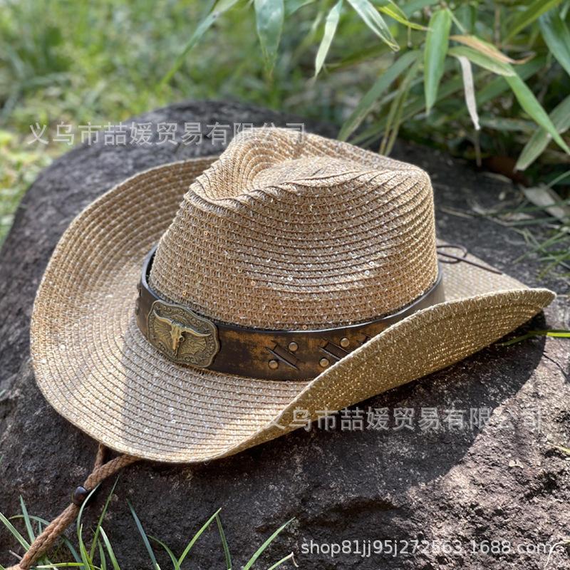 Western Europe, America, cowboy hats, men's and women's spring and summer outdoor travel, sunscreen, sunshade belt, cow head sequined straw hat
