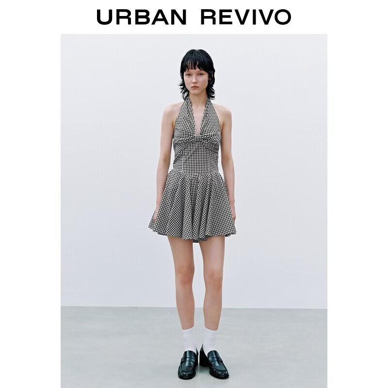 Women s Plaid Halter Neck A-Line Cotton Dress M