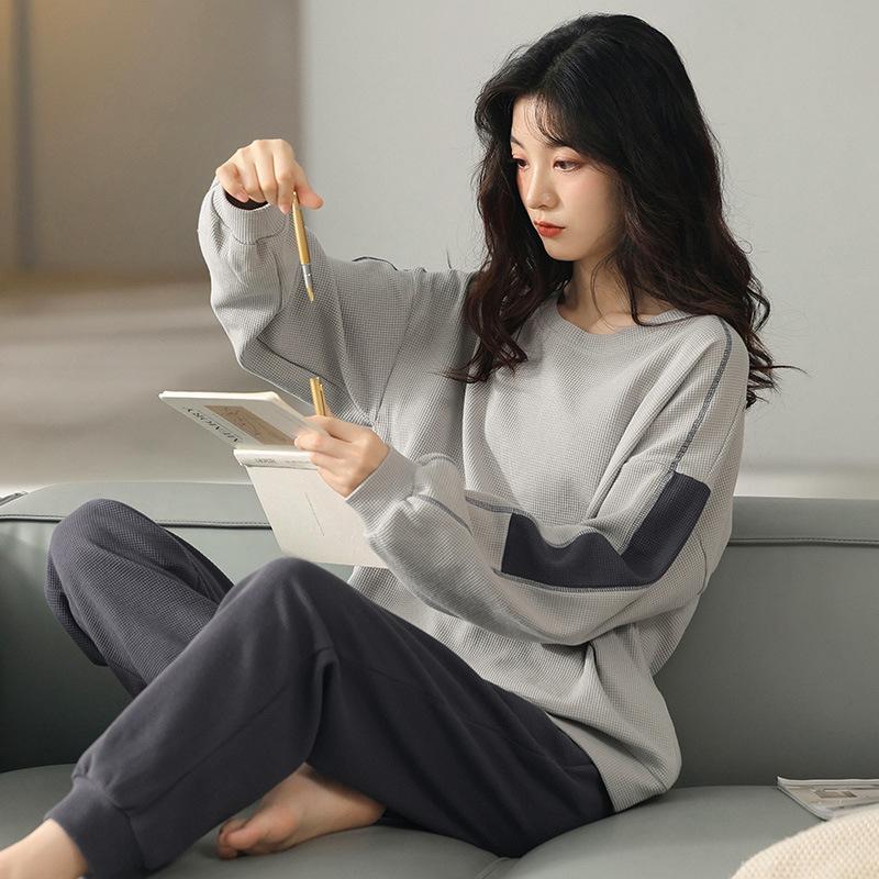 Gray Antibacterial Pajamas Women's Spring and Autumn Summer Pure Cotton Waffle Korean Thin Long-sleeved Loungewear Large Size Set