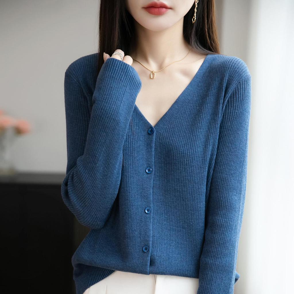 Versatile Fashion Wool V-Neck Ribbed Cardigan Sweater, Long Sleeve Top