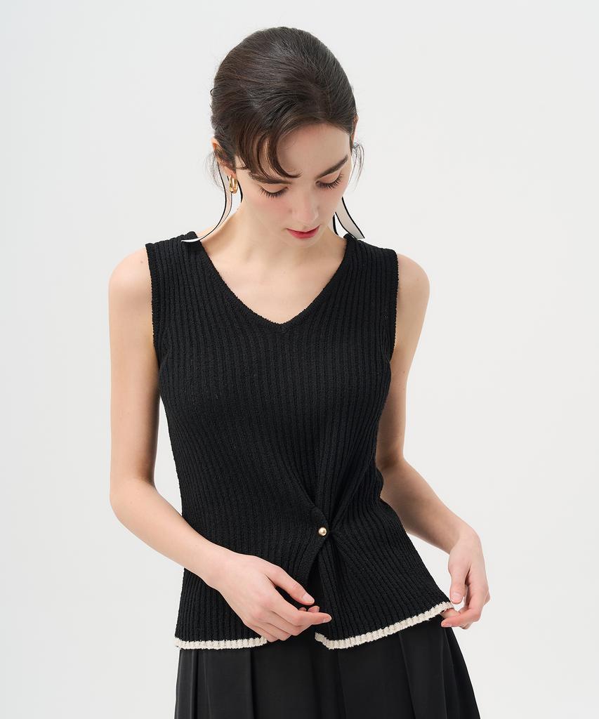 Pelimela 2-Way V-Neck Square Neck Knit Sleeveless (Black)