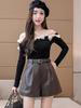 High-Waist Black PU Leather A-Line Boot Pants for Autumn/Winter 2024: Women's Casual Shorts with Loose Fit