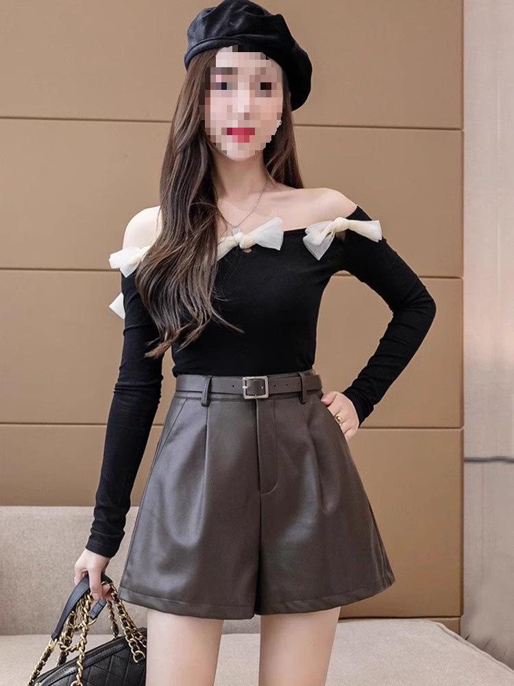 High-Waist Black PU Leather A-Line Boot Pants for Autumn/Winter 2024: Women's Casual Shorts with Loose Fit