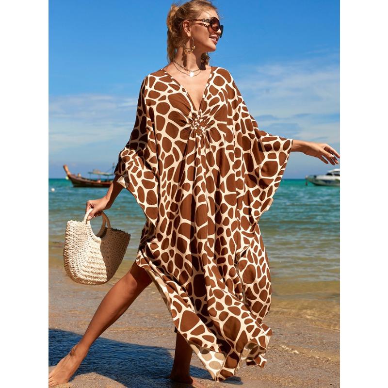 Women's Boho Cover Up, Plus Size Contrast Loose Fit Vacay Beach Kaftan Dress