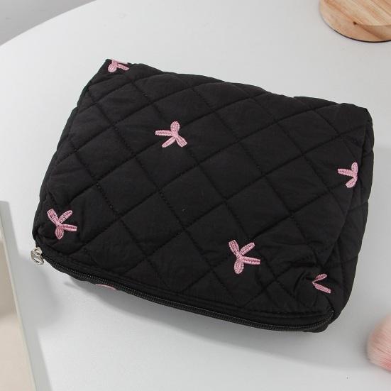 Yousheng Quilted Cosmetic Case Soft Makeup Pouch with Bow Embroidery Travel Toiletry Organizer for Women Girls Makeup