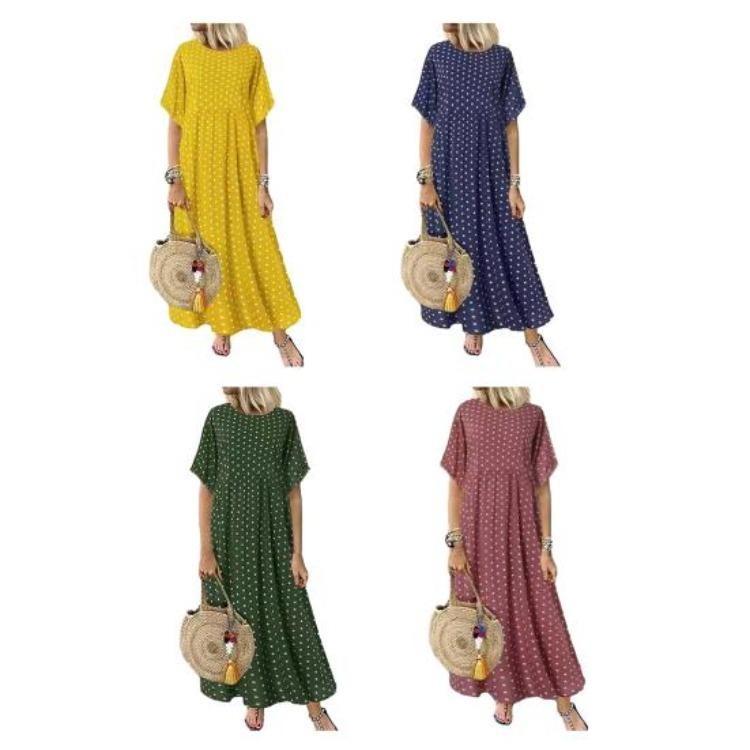 Women Casual Summer Beach Sundress Maxi Long Dress Short Sleeve Crew Neck Dot Print Pleated Swing