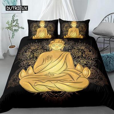 Buddha Sada povlečení King Size Exotická Etnická Bohémská Sada povlečení Mikrovlákno Potisk Zlaté Sochy Buddhy Nádherný Povlak na přikrývku