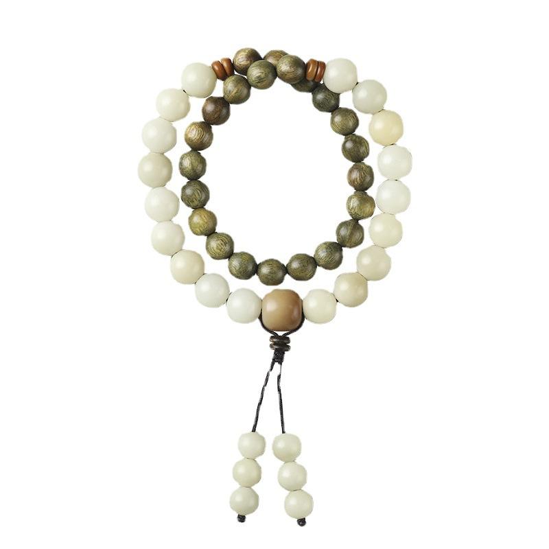 Pure Green Sandalwood/Golden Sandalwood Buddhist Beads with White Jade Bodhi Beads, Chinese Style Fairy-Like Double-Loop Bracelet