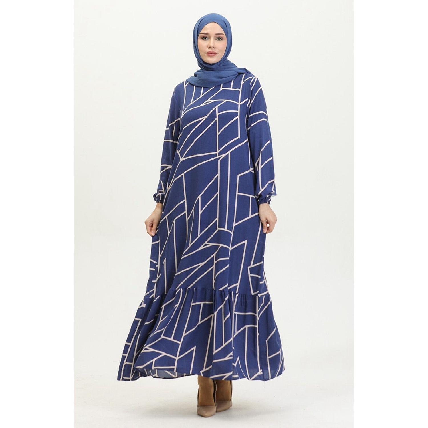 

Patterned Viscose Dress With Gathered Skirt 38-40 сине серый