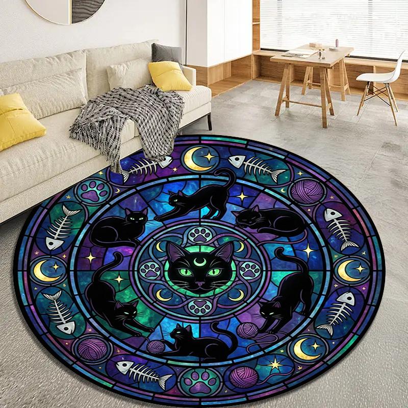 Stained Window Black Cat Round Area Rug,Carpet Rug for Living Room Bedroom Sofa Playroom Decor,Non-slip Floor Mat Q0043
