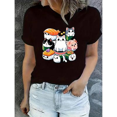 Cartoon Sushi Katze Musterdruck Damenmode Trendiges T-Shirt Rundhals Kurzarm Einfaches Lässiges Sport-T-Shirt